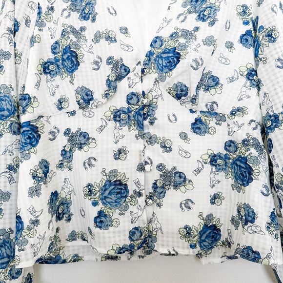 Modcloth Rodeo Rose‎ Button-Up Western Floral Print Top White Blue Size Large - Picture 3 of 6